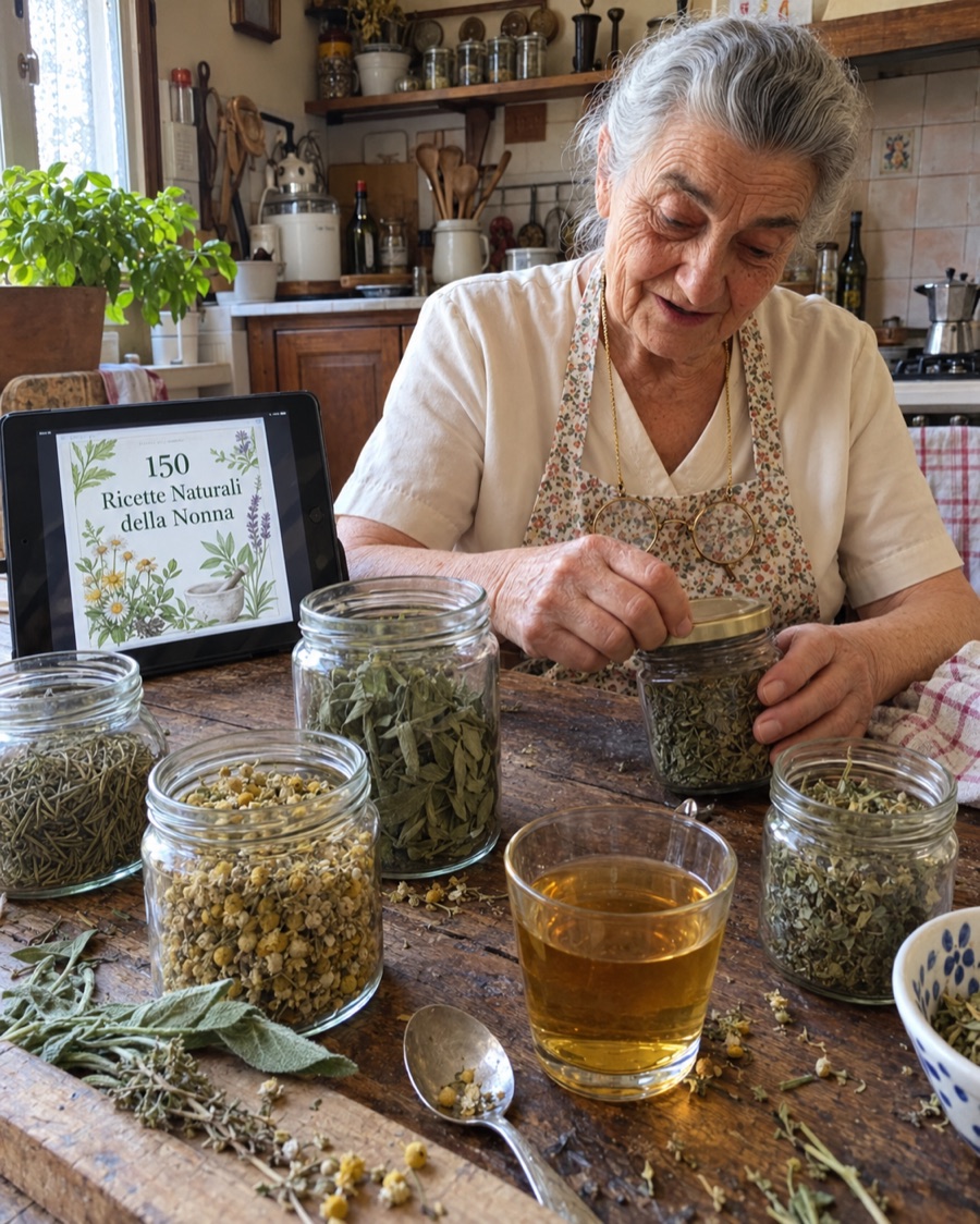 Nonna Caterina prepara le erbe nella sua cucina